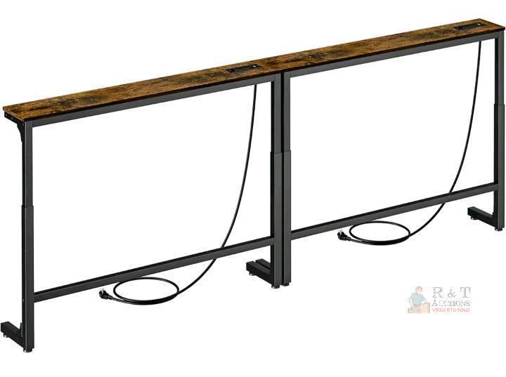 Adjustable Height 78.6" Console Table with Outlets & USB, Rustic Brown Wood Top, Metal Frame
