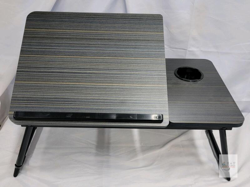 Folding Adjustable Laptop Bed Desk Table with Tilting Surface, Cup Holder, Black/Grey Stripes