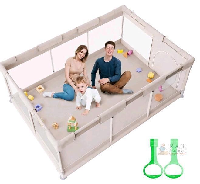 Large Beige Children's Playpen with Mesh Sides and Zipper Door, 71"x47"x26"