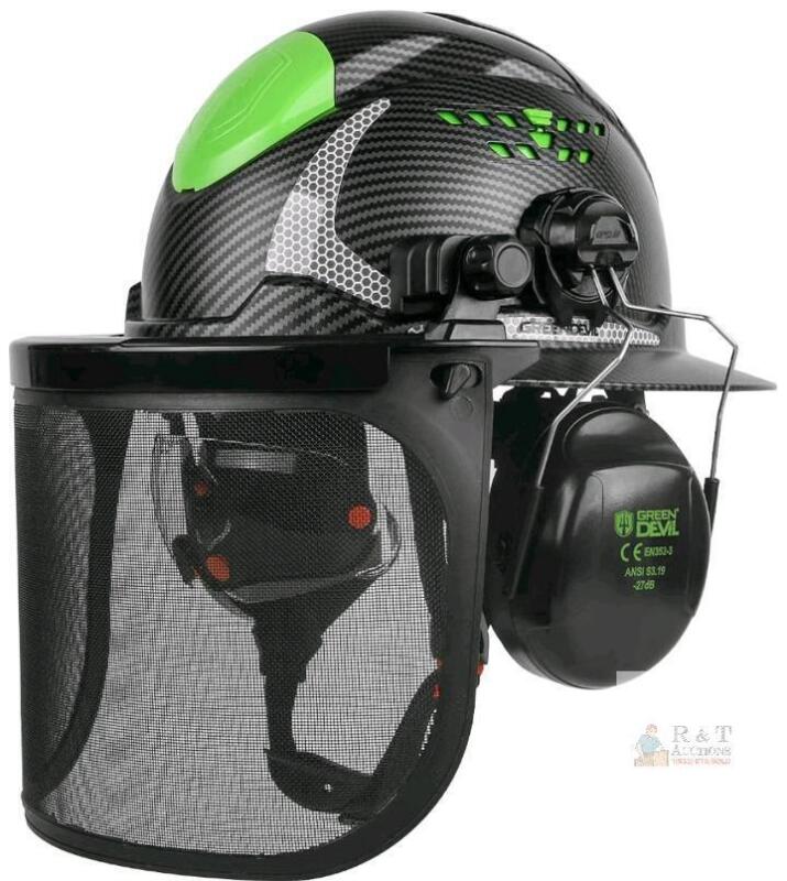 NEW GREEN DEVIL EN353-5 Forestry Safety Helmet, NRR 27dB, Mesh Face Shield, 53-63cm Adjustable Fit