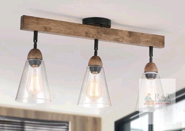 3-Light Rustic Farmhouse Ceiling Light Fixture with Glass Shades and Wooden Bar