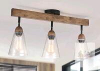 3-Light Rustic Farmhouse Ceiling Light Fixture with Glass Shades and Wooden Bar