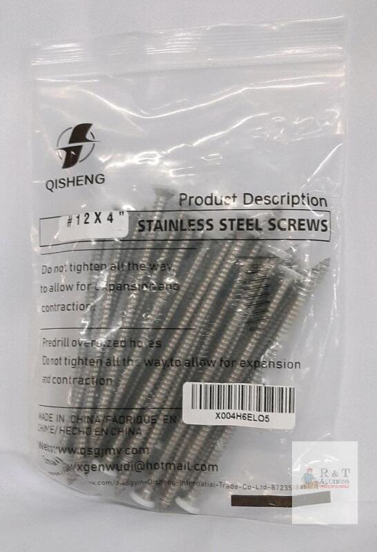 Qisheng #12 x 4" Stainless Steel Screws, Flat Head, w/ Washers, Coarse Thread, 18-Pack, China