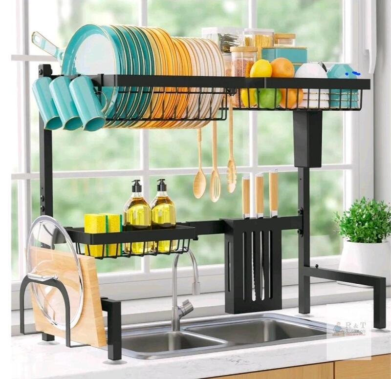 Over The Sink Dish Drying Rack, Stainless Steel, Black, Multi-Tier, 33.5"x12.6"x20.5"