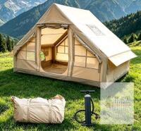 Inflatable 4-6 Person Oxford Cabin Tent with Pump, Chimney & Mesh Windows, 4 Season, Beige