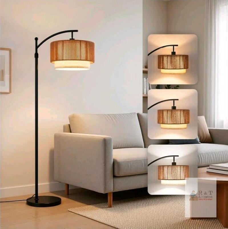 Arc-Style Rustic Modern Floor Lamp with Woven/Rattan Shade, Model SR000200