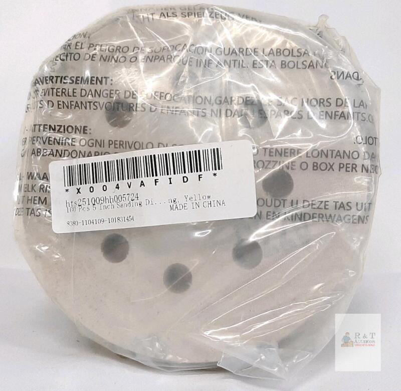 100pc 5-inch 8-Hole Sanding Discs, Mixed Grits 220-1000, Hook & Loop, Aluminum Oxide, Yellow