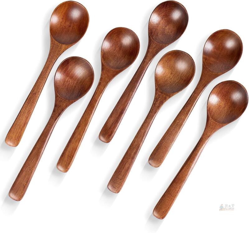 New 7 PCS Wooden Spoons for Eating, 7 inch Wooden Honey Spoons for Tea, Wooden Teaspoons for Stirring Coffee, Hard Wood Table Spoons for Cooking, Small Serving Spoons for Soup, Desserts & Cereal