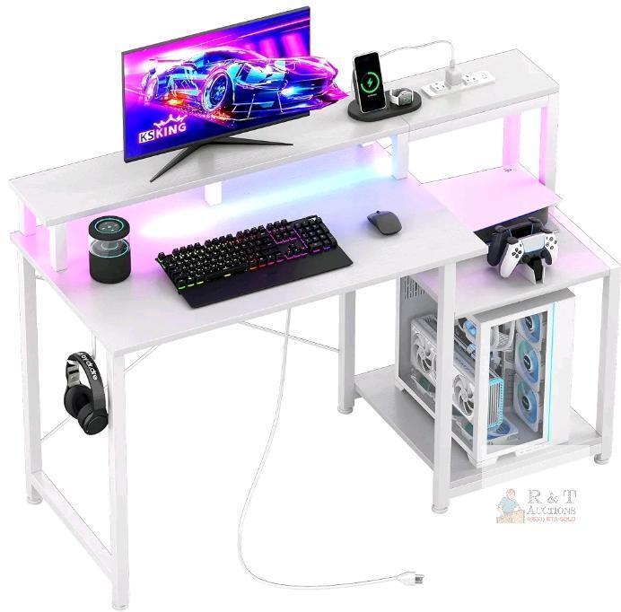 White L-Shaped Gaming Desk with Monitor Shelf, RGB Lighting, and Built-in Power Outlets