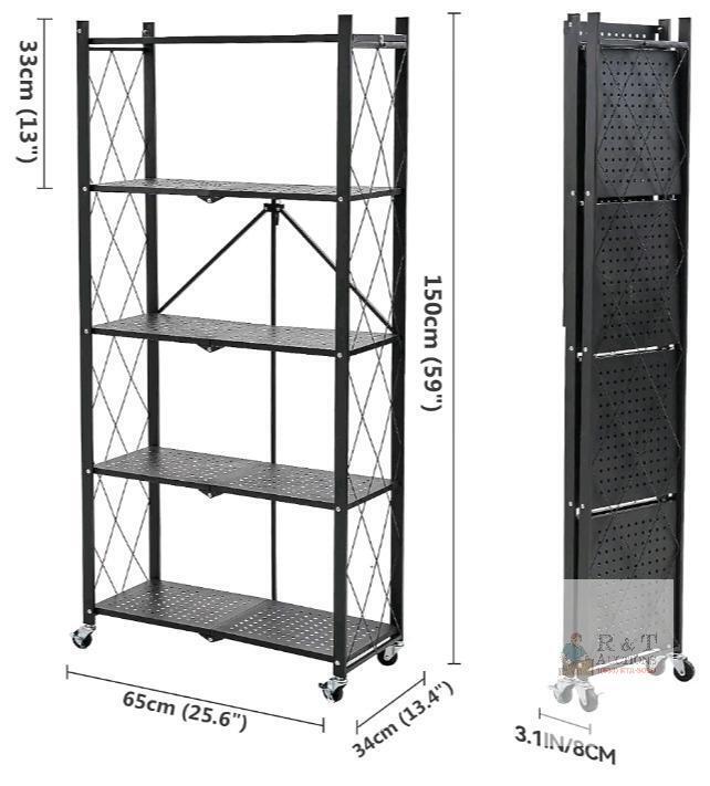 NEW 4-Tier Foldable Metal Shelving Unit with Wheels, 59" x 25.6" x 13.4", Black