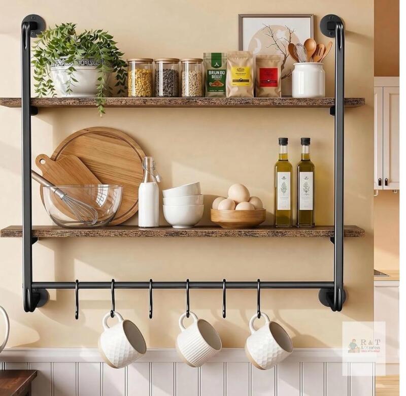 KSSIAZ 2-Tier 31.5" Industrial Kitchen Wall Shelf with Hooks and Towel Rack, Rustic Brown