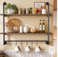 KSSIAZ 2-Tier 31.5" Industrial Kitchen Wall Shelf with Hooks and Towel Rack, Rustic Brown