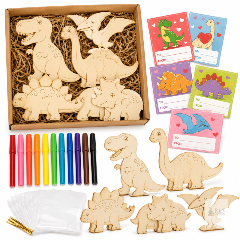 NEW 30-Pc Kids Wooden Dinosaur Painting Valentine Card Craft Kit