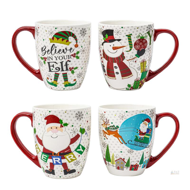 New Christmas Ceramic Mugs, Set of 4, 18 oz each,