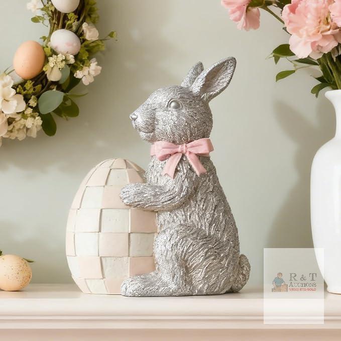 NEW Grey Bunny Holding Pink & White Gingham Egg Easter Figurine 5" L &times; 3" W &times; 6" H