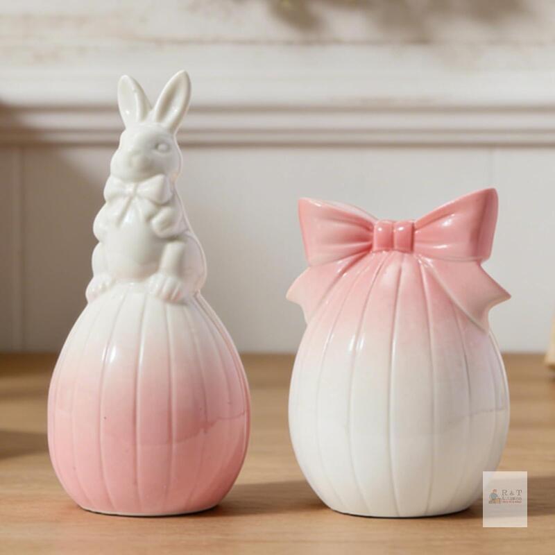 NEW IN BOX White & Pink Ceramic Bunny & Egg Easter Figurines, 2-Piece Set