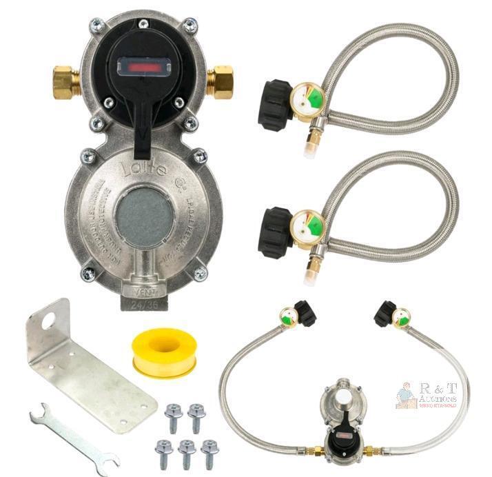 BlueStars Dual RV Propane Regulator Kit, 2-Stage, Auto Changeover, 262,500 BTU, 12" Braided Hoses