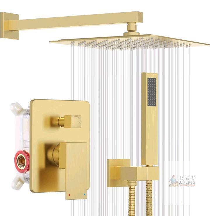 ESNBIA ZST122009LK 12" Brushed Gold Wall-Mounted Shower System, Top & Handheld, Brass Valve