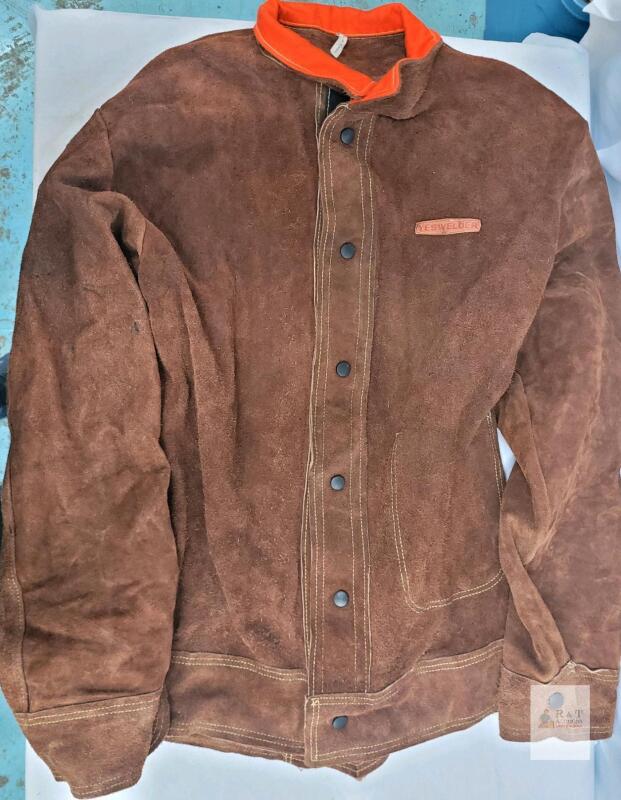 YESWELDER Leather Welding Jacket, Heavy-Duty Split Cowhide, Brown with Orange Collar- excellent condition-