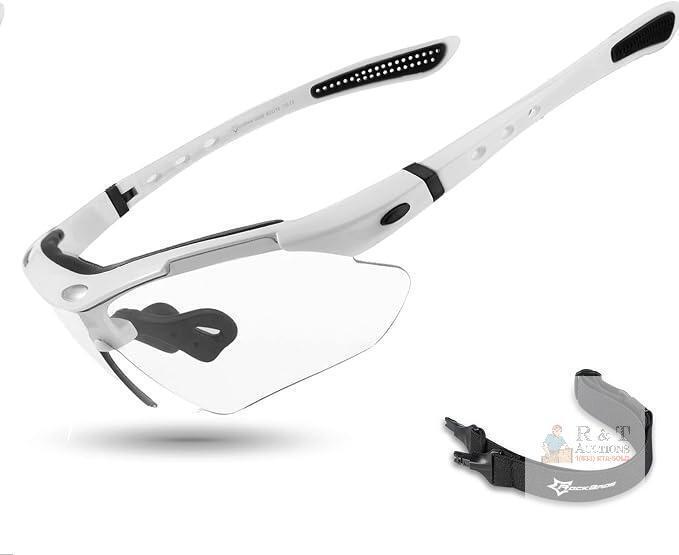 NEW ROCKBROS Photochromic Pickleball Glasses Men Women UV400 & Head Strap | Impact Resistant PC Lens, Interchangeable Temples, Elastic Strap, Adjustable Nose Pad, Myopia Insert