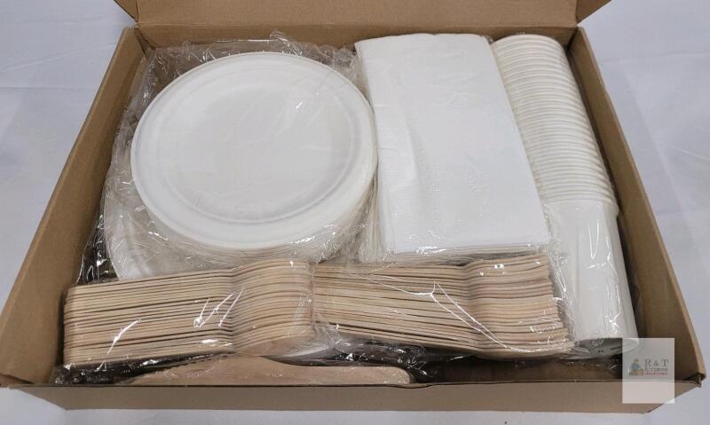 Eco Disposable Tableware Party Set - 15 Servings, Compostable Plates Cups Cutlery Napkins