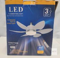 NEW 20" LED Flower Ceiling Fan Light, 40W, 5 Blades, 3 Speeds, Remote, Socket Mount, Black, 3 Modes