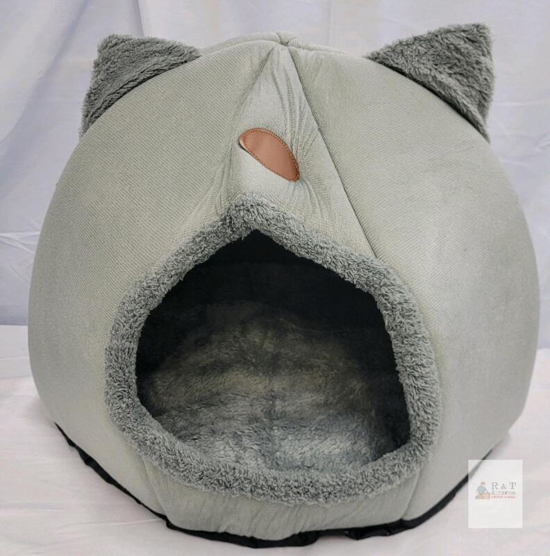NEW Cat Cave Igloo Bed &ndash; Plush Gray Enclosure with Ears, 17"x17"x16", for Small Pets