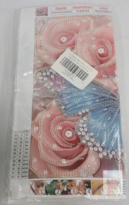 Diamond Painting Kit 12x12 in (30x30cm) YX034 Butterfly & Flowers, Full Drill, 12 Colors