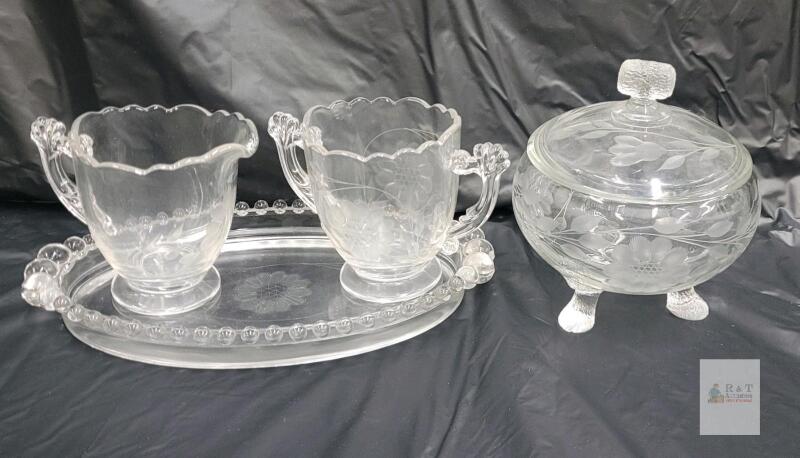 Vintage Depression Glass Etched Floral Serving Set: Footed Candy Dish, Creamer, Sugar, Bubble Rim Tray