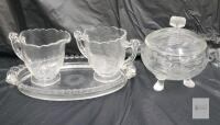 Vintage Depression Glass Etched Floral Serving Set: Footed Candy Dish, Creamer, Sugar, Bubble Rim Tray