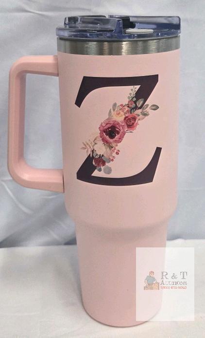 40 oz Pink Insulated Travel Mug with Handle, Floral Design, 'Z' Initial