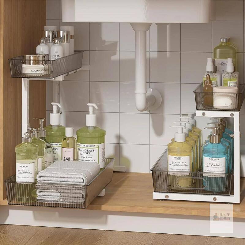 ADRIMER C101 Under Sink Organizer Shelf, Grey & White, Adjustable Height, 2-Tier Pull-Out Design