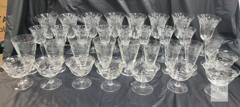 Vintage 33-Piece Etched Crystal Stemware Set with Floral Vine Pattern