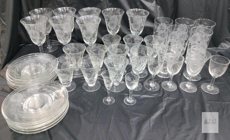 Vintage Etched Floral Glassware and Serving Plate Set, 44-Piece Mixed Stemware Collection