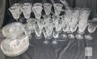 Vintage Etched Floral Glassware and Serving Plate Set, 44-Piece Mixed Stemware Collection