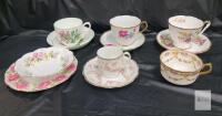 Vintage English Bone China Tea Cup & Saucer Sets, Mixed Floral Patterns, Gold Trim, 11 pc