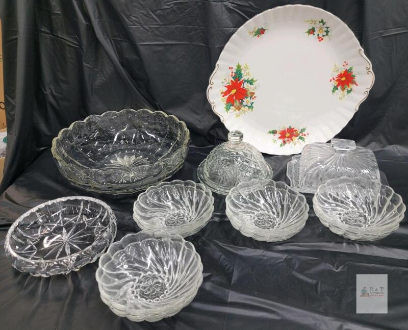 Vintage Clear Glass Serving Set with Holiday Platter -Mixed Bowls & Covered Dishes