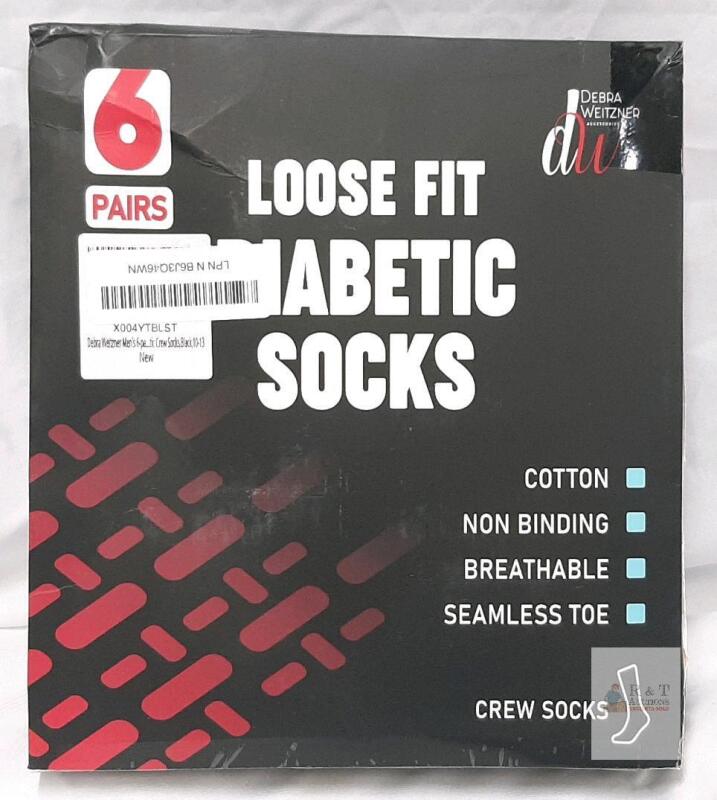 Debra Weitzner Diabetic Crew Socks, 6 Pairs, Size 10-13, Black, Non-Binding, Breathable