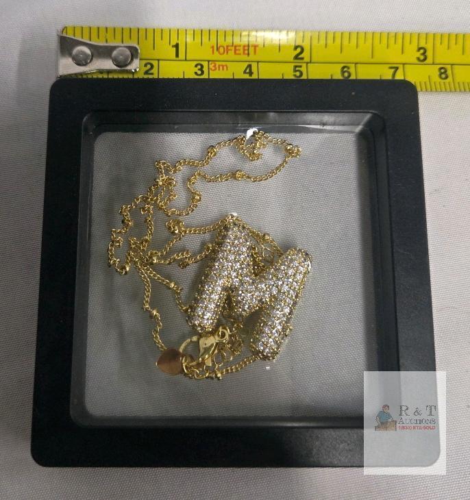 Gold-Plated Necklace with Cubic Zirconia "M" Pendant, 18" Chain, Heart Cutout Design