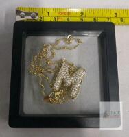 Gold-Plated Necklace with Cubic Zirconia "M" Pendant, 18" Chain, Heart Cutout Design