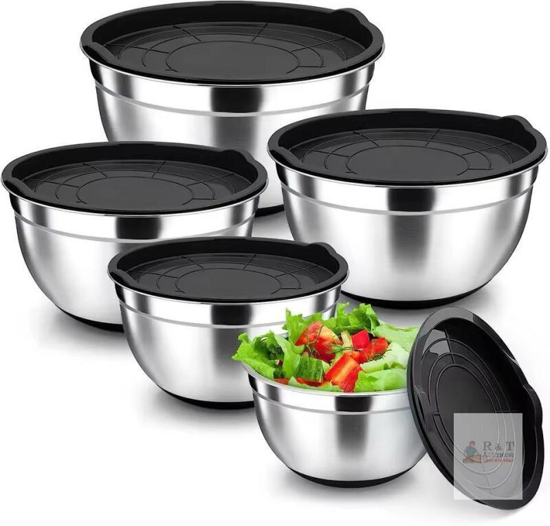 Stainless Steel Mixing Bowls with Lids, Set of 5, Silicone Bottoms, Nesting Design NEW