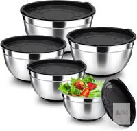 Stainless Steel Mixing Bowls with Lids, Set of 5, Silicone Bottoms, Nesting Design NEW