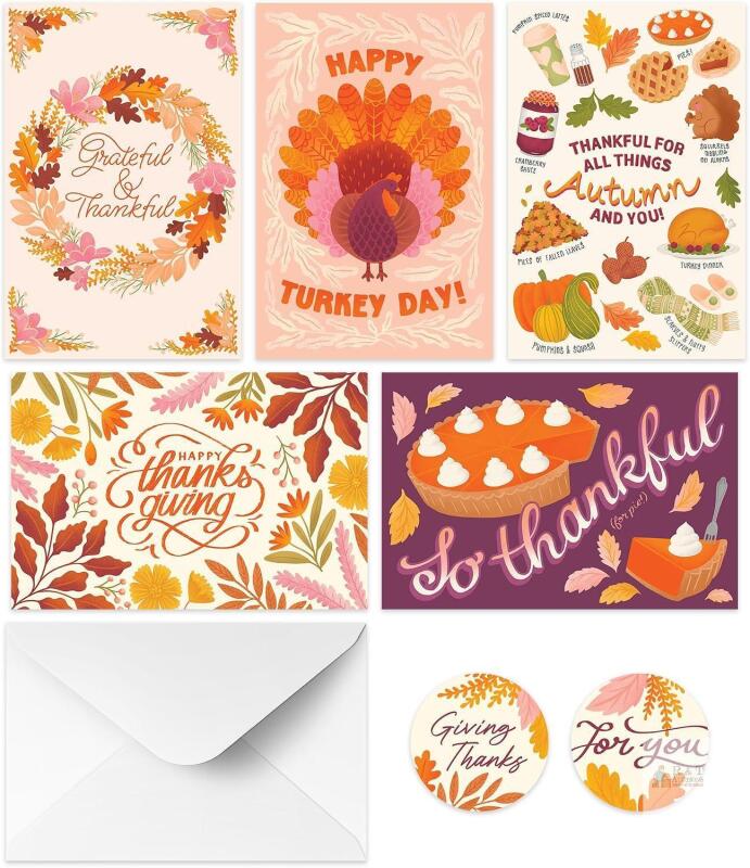 NEW NEW Rileys & Co. Thanksgiving Greeting Cards, 50-Pack, 5 Assorted Designs with Envelopes & Stickers.