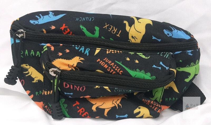 Children's Dinosaur Print Fanny Pack, 2 Zipper Compartments, Black Polyester, Adjustable Strap