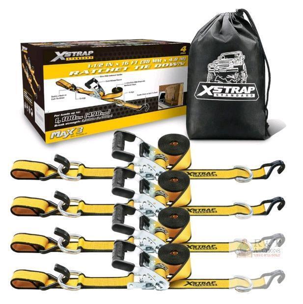 XSTRAP MAX3 1.5" x 16' Ratchet Tie Down Straps, 4-Pack, 1100 lb WLL, Double J Hooks, Bag
