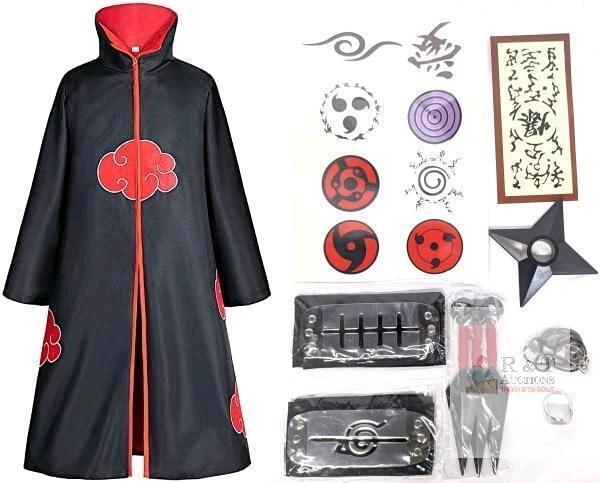 New Size 3XL Unisex Adult Naruto Akatsuki / Comic Con Cosplay Cloak Robe + 2 Headbands, 3pc Prop Kunai & Shuriken, Necklace, Ring & Stickers