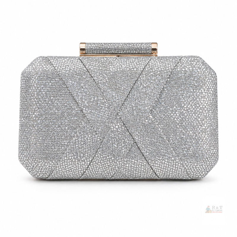 New Peeptoe Evening Silver Rhinestone/Glitter Clutch Bag, Rose Gold-Tone Hardware approx 8" W &times; 4.5&ndash;5" H &times; 1&ndash;1.5" D