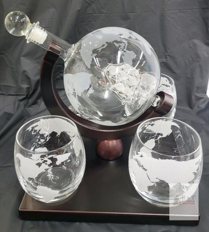 New Globe Whiskey Decanter Set with 2 Etched Glasses and Rotating Stand