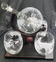 New Globe Whiskey Decanter Set with 2 Etched Glasses and Rotating Stand