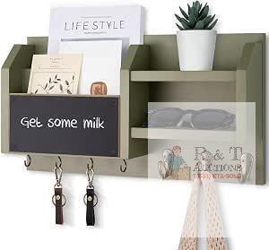 New wenki Mail and Key Holder &ndash; Wall Mount Key Hanger with Shelf and 7 Metal Hooks &ndash; Decorative Natural Paulownia Wood Entryway Organizer with Mounting Hardware (16.5&rdquo;W x 8.7&rdquo;H x 3.5&rdquo;D) (Sage-Green)